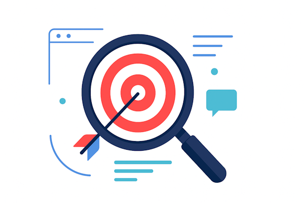 A magnifying glass focusing on a target, symbolizing the search for product-market fit.